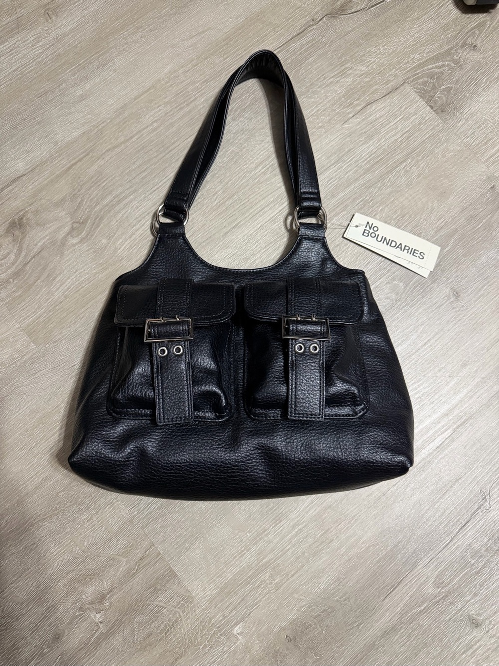No Boundaries Black Faux-Leather Shoulder Bag with Front Flap Pockets